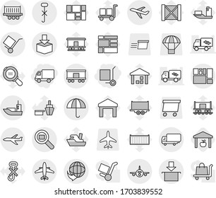 Editable thin line isolated vector icon set - delivery, cargo stoller, plane, sea shipping, truck, consolidated, trolley, dry, do not hook sign, package, search, railroad, airplane, warehouse, ship