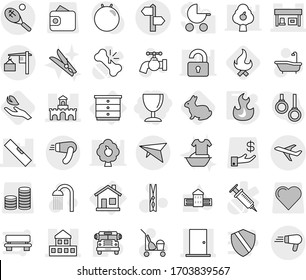 Editable thin line isolated vector icon set - wineglass, cottage, door, fort, gas station, level, signpost, plane, loading, deltaplane, tennis, home, chest of drawers, fire, hand leaf, rabbit, bath