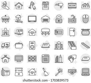 Editable thin line isolated vector icon set - project, building, brick wall, real estate, phone, trailer, bungalow, unlocked, garage, surveillance camera, speaker, iron, air conditioning, pan, sink