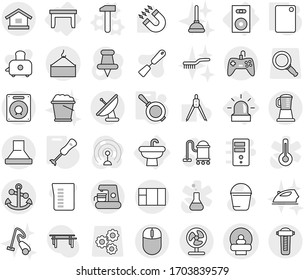 Editable thin line isolated vector icon set - tomography vector, loading crane, anchor, sink, alarm, table, speaker, hammer, pan, cutting board, blender, vacuum cleaner, bucket, foam, plunger, brush