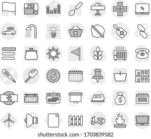 Editable thin line isolated vector icon set - delete cart, medical thermometer vector, label, cross, modular house, fence, scooter shipping, consolidated cargo, flammable, car baggage, sun, iron