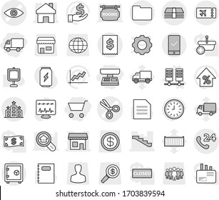 Editable thin line isolated vector icon set - cart, market scales, delivery, eye vector, scissors, home, shop, stairs, money, phone 24, tax, documents, ticket, mobile checking, hotel, safe, server