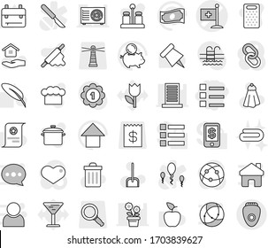 Editable thin line isolated vector icon set - list, medical flag vector, scoop, towel, trash bin, house hold, pan, cook hat, rolling pin, grater, spices, pen, backpack, apple fruit, paper, cash