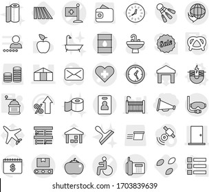 Editable thin line isolated vector icon set - loudspeaker, disability vector, heart cross, medical flag, door, greenhouse, delivery, phone, barrel, transporter tape, diving mask, identity card, sink