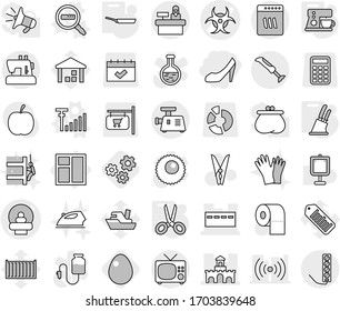 Editable thin line isolated vector icon set - shoes, tomography vector, biohazard, bunker, fort, reception, window, data search, antenna signal, pan, knife holder, scissors, coffee maker, gears, egg