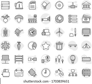 Editable thin line isolated vector icon set - bin, credit card, star, ambulance vector, hospital bed, mansion, clock, trolley, air ballon, tent, pipes, welding, usb flash, sd, mushroom, beet, sun