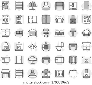 Editable thin line isolated vector icon set - door, arch window, plan, rack, restaurant, curtain, table, nightstand, chest of drawers, wardrobe, dresser, stool, chair, armchair, crib, fireplace, hob
