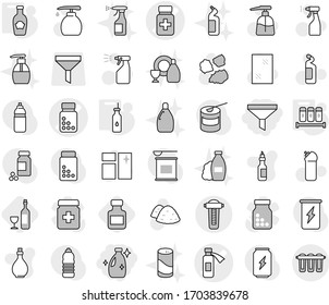 Editable thin line isolated vector icon set - funnel, cleanser, pills bottle vector, potion, vegetable oil, spices, ketchup, wine, window cleaning, liquid soap, sprayer, agent, garbage pile, shampoo
