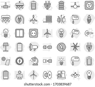 Editable thin line isolated vector icon set - megafon, spark plug, air conditioning, electricity, power socket, switch, mixer, coffee maker, floor lamp, photon vector, magnetic field, bulb, coil