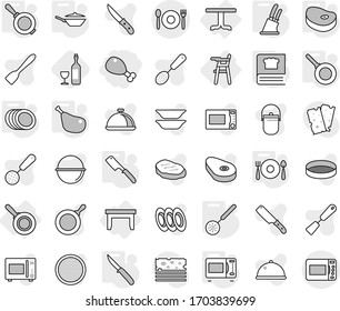 Editable thin line isolated vector icon set - chicken leg, cafe, table, Chair for babies, pan, skimmer, knife holder, chef, microwave oven, cooking book, plates, fork spoon plate, steake, wine, dish