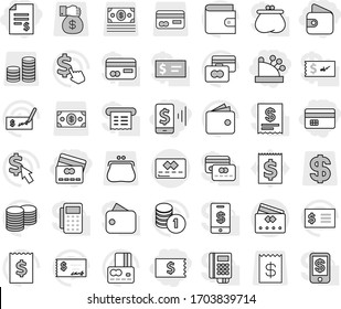 Editable thin line isolated vector icon set - credit card, account balance, receipt, mobile pay, wallet, cashbox, vector, coin stack, check, dollar cursor, purse, money, gift, reader, tap