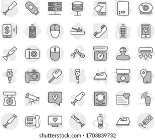 Editable thin line isolated vector icon set - mobile pay, location, air conditioning, remote control, intercome, vector, web camera, vr helmet, robot hand, kitchen scales, handle, blender, iron