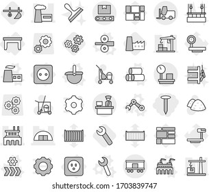 Editable thin line isolated vector icon set - nail, hangare, factory, customs control, fork loader, warehouse scales, railroad shipping, transporter tape, power socket, table, vector, ladle, pipes