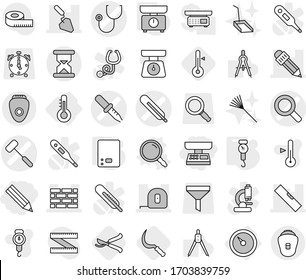 Editable thin line isolated vector icon set - pencil, market scales, medical thermometer vector, magnifier, pipette, stethoscope, doctors hammer, brick wall, measuring tape, construction, level