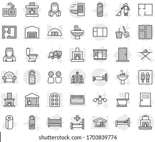 Editable thin line isolated vector icon set - wc, hospital bed vector, hangare, arch window, plan, hotel, do not distrub, wardrobe, crib, door, fireplace, toilet, paper, water closet, sink, tap