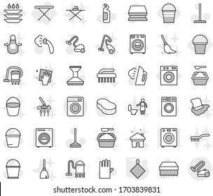 Editable thin line isolated vector icon set - iron board, washing machine, bucket, plate, rag, vacuum cleaner vector, mop, sponge, car fetlock, steaming, washer, powder, cleaning agent, rubber glove