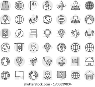 Editable thin line isolated vector icon set - home, road, geo pin, globe, route, mobile location, map, plane shipping, earth, signpost, orbit vector, hierarchy, compass, world, flag, dollar, traking