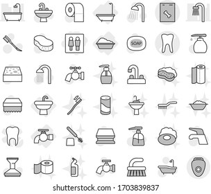 Editable thin line isolated vector icon set - wc, tooth vector, roentgen, water tap, sink, bath, washing, soap, fetlock, sponge, car, liquid, toilet paper, shower, brush, with foam, basin, towel