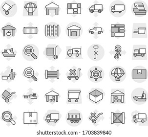 Editable thin line isolated vector icon set - box, delivery, cargo stoller, sea shipping, truck, package, trolley, do not hook sign, warehouse, search, pallet, parachute, handwheel, cruise ship, car