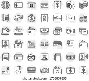 Editable thin line isolated vector icon set - hand coin, money, credit card, receipt, account balance, mobile pay, wallet, cashbox, invoice, atm, vector, cash, stack, dollar calendar, investment