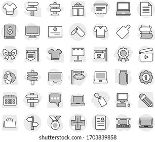 Editable thin line isolated vector icon set - bow, label, atm receipt, medal, shop signboard, singlepost, anamnesis vector, cross, signpost, document, computer, bank, cutting board, notebook pc