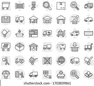 Editable thin line isolated vector icon set - box, delivery, scooter shipping, package, trolley, sun potection, courier, warehouse, cargo search, fast deliver, sea container vector, car, wood, gift