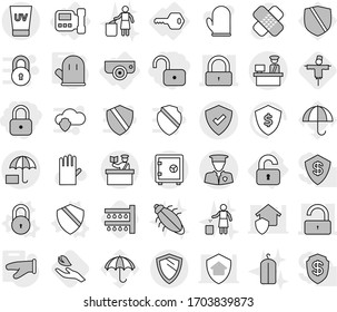 Editable thin line isolated vector icon set - lock, unlock, customs control, protected, security man, insurance, inspector, uv cream, safe, shield, unlocked, key, intercome, surveillance camera, bug