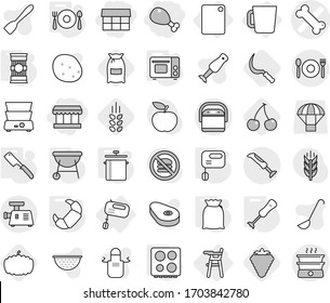 Editable thin line isolated vector icon set - market, chicken leg, bone vector, cafe, Chair for babies, mixer, cutting board, cup, pan, chef knife, grill oven, hob, blender, bbq, fork spoon plate