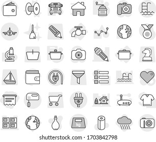 Editable Thin Line Isolated Vector Icon Set - Atm Receipt, Panel House, Pencil, Plane, Heavy, Pool, Water Tap, Pan, Coil Vector, Hand Mill, Rain Cloud, Toilet Paper, Broom, Oil, Microscope, World