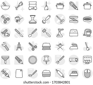 Editable thin line isolated vector icon set - syringe vector, scissors, surgical clamp, pencil, pin, ladle, big spoon, fork, rolling, meat hammer, mortar, wheelbarrow, wrench, plunger, broom, sponge