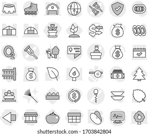 Editable thin line isolated vector icon set - market, left arrow, flower, crutch vector, monitor pulse, sperm, hospital recieption, barn, greenhouse, bed, stadium, location details, protected, beans