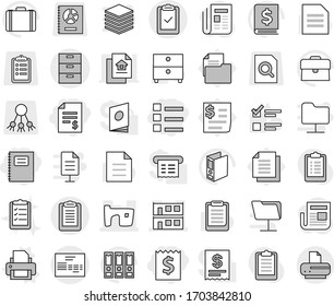 Editable thin line isolated vector icon set - receipt, account balance, list, copybook, archive vector, slum, modular house, clipboard, check, invoice, printer, document, exam, case, annual report