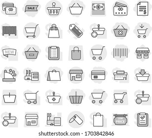 Editable thin line isolated vector icon set - cart, add to, basket, credit card, account balance, remove from, delete, shopping bag, sale, bar code, cashbox, mall, label, shop, office vector, money