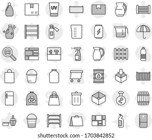 Editable thin line isolated vector icon set - shopping bag, box, tools, cleanser, potion bottle vector, package, dry cargo, chemical, search, pallet, uv cream, measuring cup, barrel, bucket, sprayer