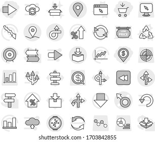 Editable thin line isolated vector icon set - add to cart, dollar pin, right arrow, male sign vector, trip, geo, route, package, compass, recycle, browser window, reload, graph, crisis, target, down