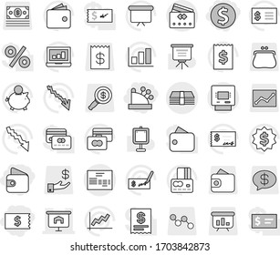 Editable thin line isolated vector icon set - dollar coin, receipt, wallet, cashbox, presentation, money, invoice, atm, credit card, vector, graph, laptop, crisis, piggy bank, check, board, medal