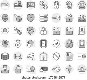 Editable thin line isolated vector icon set - lock, unlock, customs control, protected, alarm, security man, vip fence, detector, baggage checking, key, life vest, unlocked, shield, scarecrow, farm