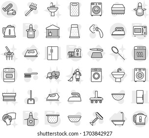 Editable thin line isolated vector icon set - sink, bath, iron, cutting board, colander, apron, microwave oven, food processor, scraper vector, vacuum cleaner, fetlock, scoop, sponge, steaming