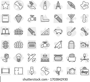 Editable Thin Line Isolated Vector Icon Set - Lipstick, Broken Bone Vector, Mansion, Fence, Plan, Bulb, Water Tap, Toaster, Plane, Drawing Pen, Skimmer, Salt Pepper, Cow, Berry, Harvest, Splotch