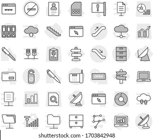 Editable thin line isolated vector icon set - archive vector, escalator, no smoking, do not distrub, stairs, satellite antenna, cloud, envelope, sim card, browser window, signal, pen, notebook pc
