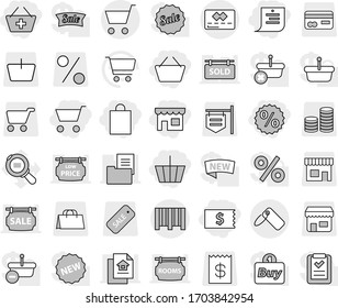 Editable thin line isolated vector icon set - cart, basket, receipt, add to, shop, shopping list, bag, percent, credit card, label, bar code, vector, cargo search, signboard, coin stack, sale, rooms
