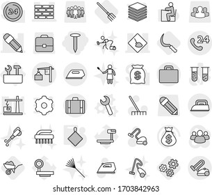 Editable thin line isolated vector icon set - nail, under construction, pencil, brick wall, phone 24, loading, suitcase, repair tools, wrench vector, rag, fork, sickle, wheelbarrow, gears, rake