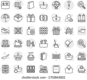 Editable thin line isolated vector icon set - gift, box, cashbox, cargo stoller, tools, archive vector, warehouse, trolley, dry, top sign, do not hook, courier delivery, search, transporter tape