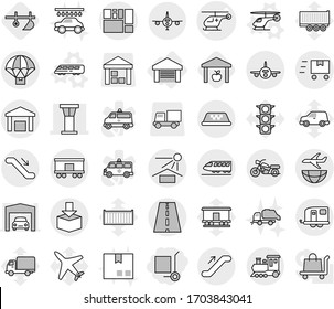 Editable thin line isolated vector icon set - cargo stoller, ambulance helicopter vector, airport tower, road, plane, consolidated, sun potection, warehouse, package, railroad shipping, fast deliver