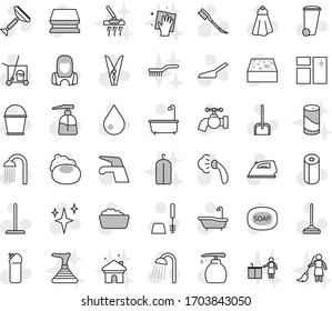 Conjunto de iconos vectoriales aislados de línea delgada editable - vectores de jabón, rascacielos, carrito de limpieza, grifo de agua, cremallera, cuchara, vástago de tela, esponja, toalla, cubo de basura, gota, fregadero de camión, brillos, limpieza de ventanas