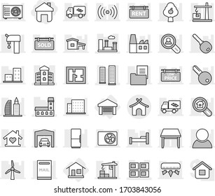 Editable thin line isolated vector icon set - home, mansion, skyscrapers, panel house, building, city, bungalow, garage, cottage vector, mailbox, windmill, water supply, fruit tree, plan, sold, key