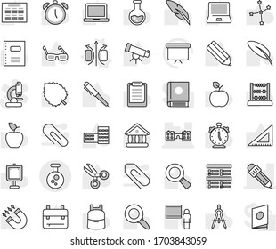 Editable thin line isolated vector icon set - school, pencil, chemical, magnetic field vector, copybook, pen, building, blackboard, corner ruler, drawing compass, glasses, backpack, apple fruit
