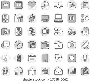 Editable thin line isolated vector icon set - tv, goverment house, camera, remote control, speaker, share vector, satellite antenna, cinema clap, disk, music hit, satellitie, newspaper, gamepad, rec