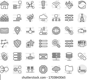 Editable thin line isolated vector icon set - cloud service vector, wireless, world, share, antenna, connect, network, server, folder, big data, equalizer, menu, shield, firewall, router, home, mail