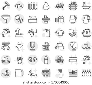 Editable thin line isolated vector icon set - funnel, fragile, broken, sail boat, surfer, palm hammock, jellyfish, kettle, pool, plate washing, pipes vector, watering, jug, fish, can, scraper, sink